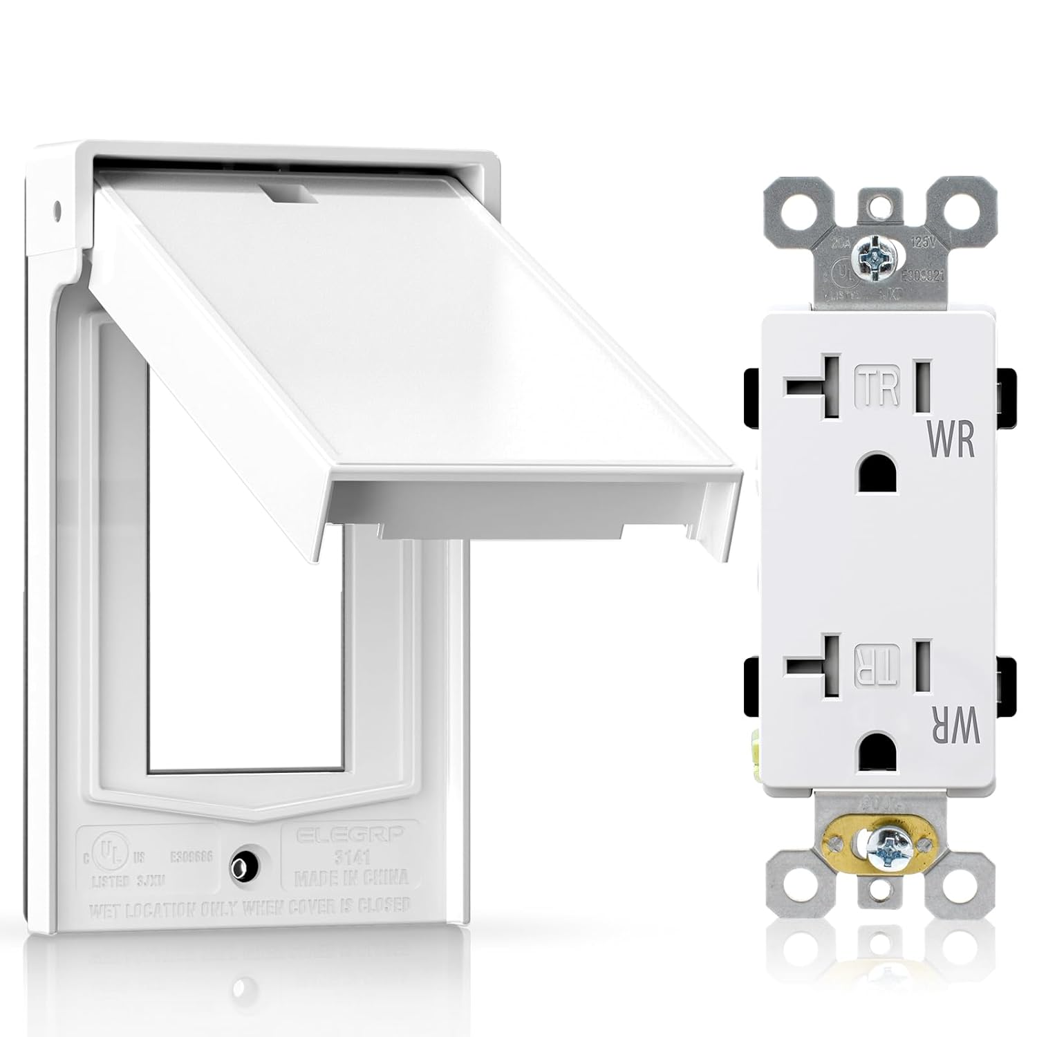 ELEGRP Decorator Wall Receptacle Outlets with Outdoor Cover, TR Tamper Resistant & WR Weather Resistant Outlet, 20A 125V Electrical Outlets, Self-grounding, UL Listed, Glossy White, 1 Pack