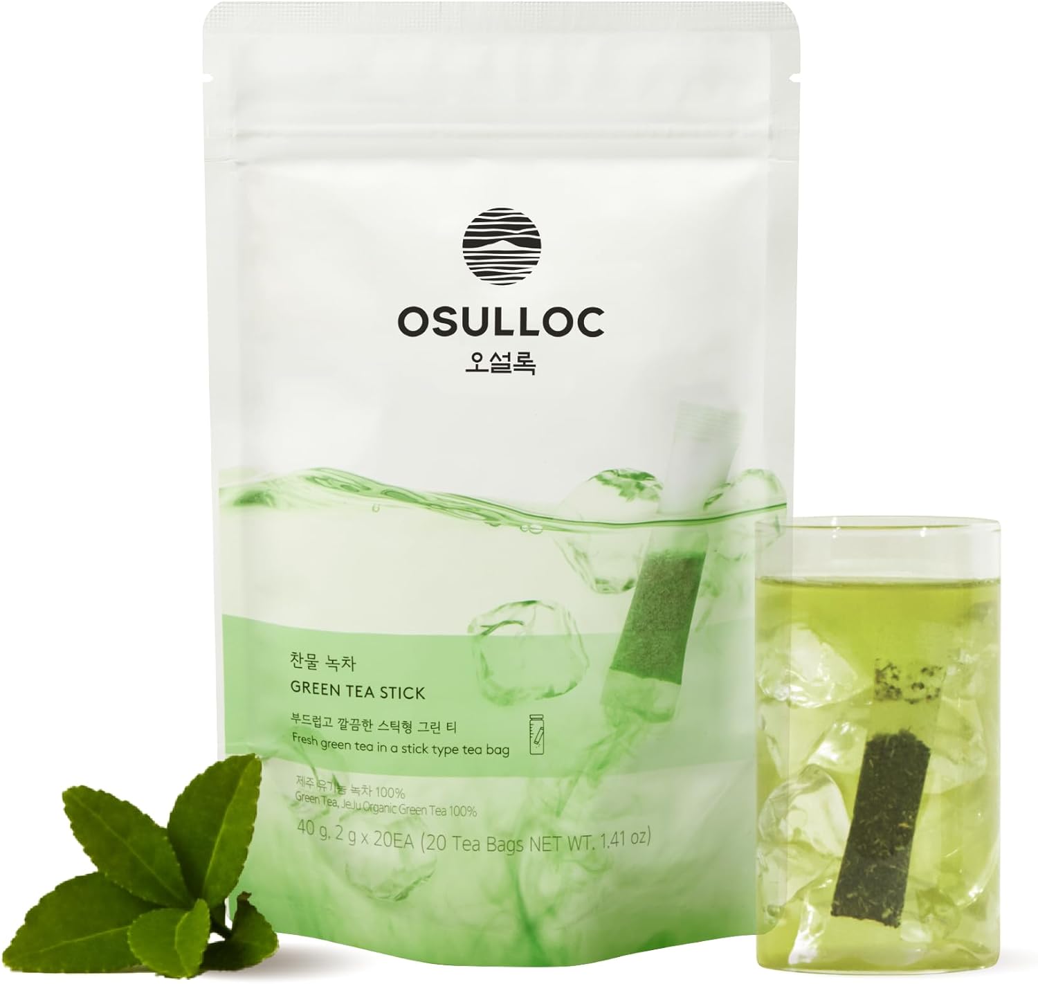 OSULLOC Cold Green Tea, Stick-Type in Pouch Package, Premium Pure Tea from Jeju, 20 count, 1.41 oz, 40g
