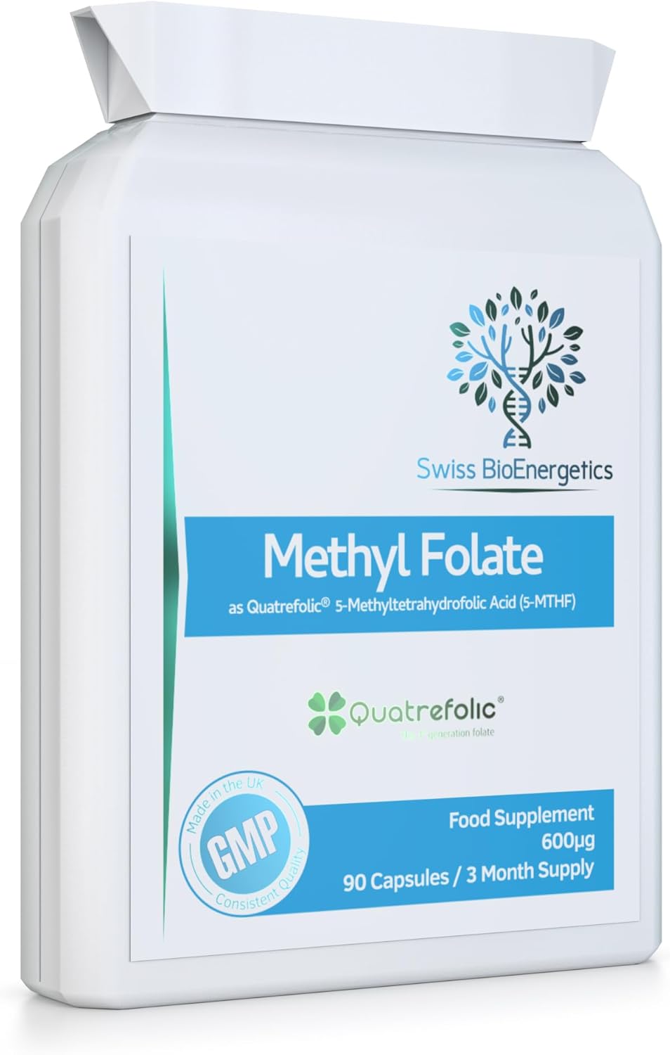 Methyl Folate 600µg - 90 Capsules as Quatrefolic 5-MTHF Supplement 6S-5-methyltetrahydrofolate – The 4th Generation of Folate a Highly biologically Active Form of Folic Acid/Vitamin B9 - UK Made