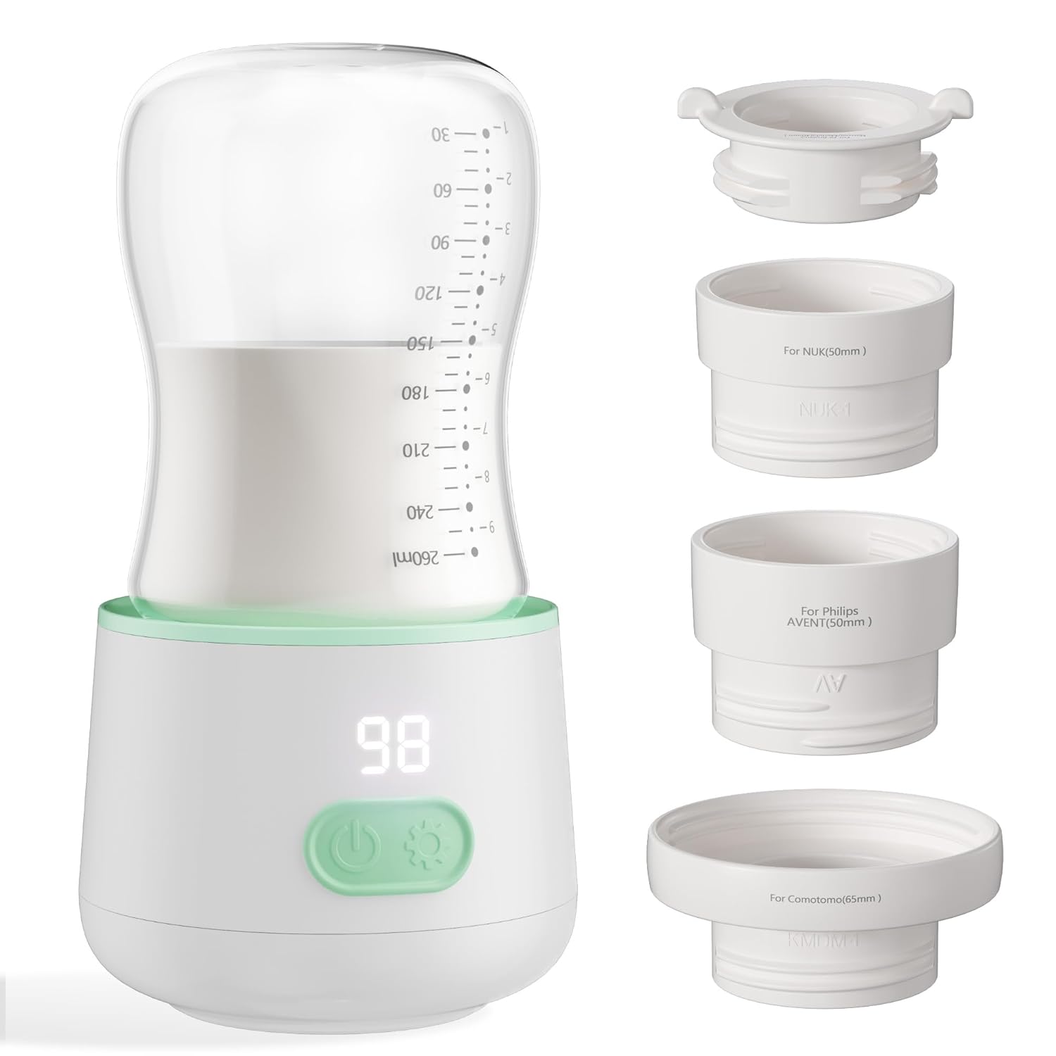 Portable Bottle Warmer for Travel, Baby Bottle Warmer for Breastmilk with Fast Heating, Safety Material, Leak-Proof, Precise Temperature Control, 4 Adapters for Most Bottles (White)