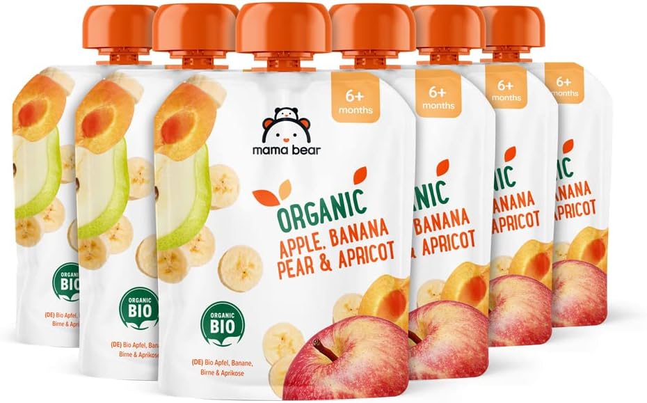 Amazon Brand - Mama Bear Fruit Pouch, Organic Apple, Banana Pear and Apricot Puree, vegetarian, 90 g (Pack of 6)