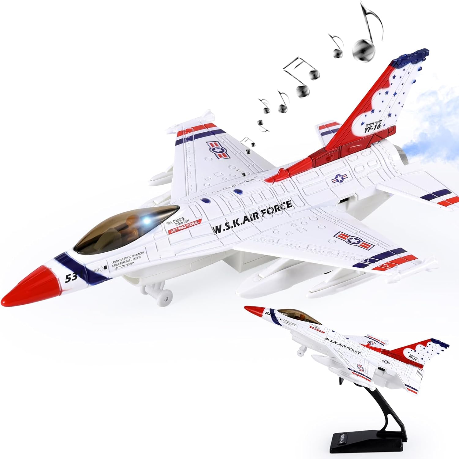 Diecast Metal Alloy Fighter Jet Military Airplane Toy with Mist Spray, Lights & Sounds, Pull Back Function Army Air Force Aircraft for Kids, Toddlers Ages 3+, Gift for Boys Girls (White)