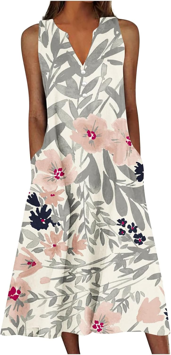 Women's Summer Design Casual Dress Sleeveless V-Neck Dress with Pockets Loose Flowy Swing Pleated Long Beach Dress