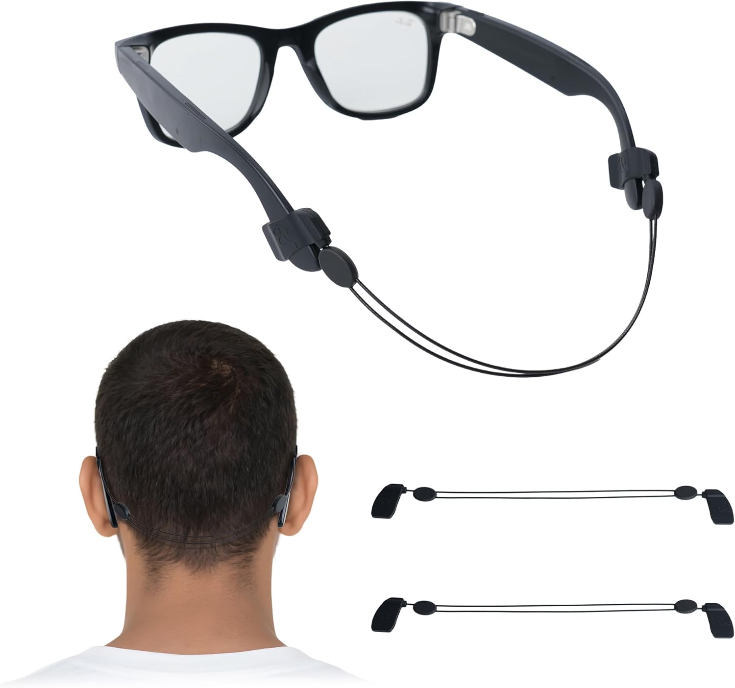 RCstyle HiBloks 2Pcs Adjustable Eyeglass Strap Compatible with Ray-Ban Meta Accessories, No Tail Sunglass Strap, Eyewear String Holder for Smart Glasses (15 Inch, Black)