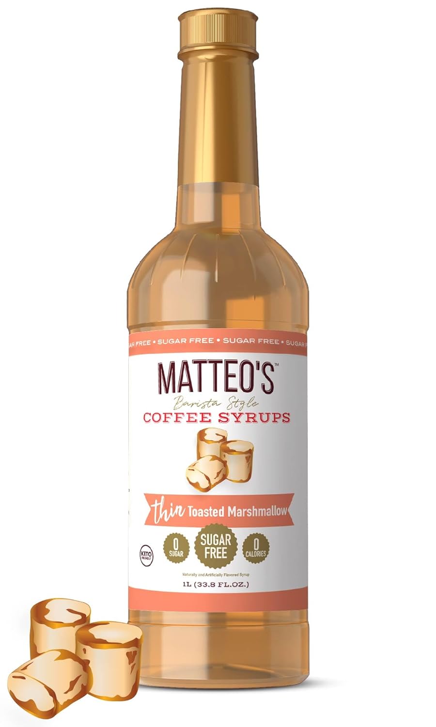 Matteo's Barista Style Sugar-Free Coffee Syrup, Toasted Marshmallow Flavor, Zero Calories and Sugar, Keto Friendly, Ideal for Lattes, Cappuccinos, Espresso, Americano, Indulgent Taste 33.8 Oz, 1-Pack