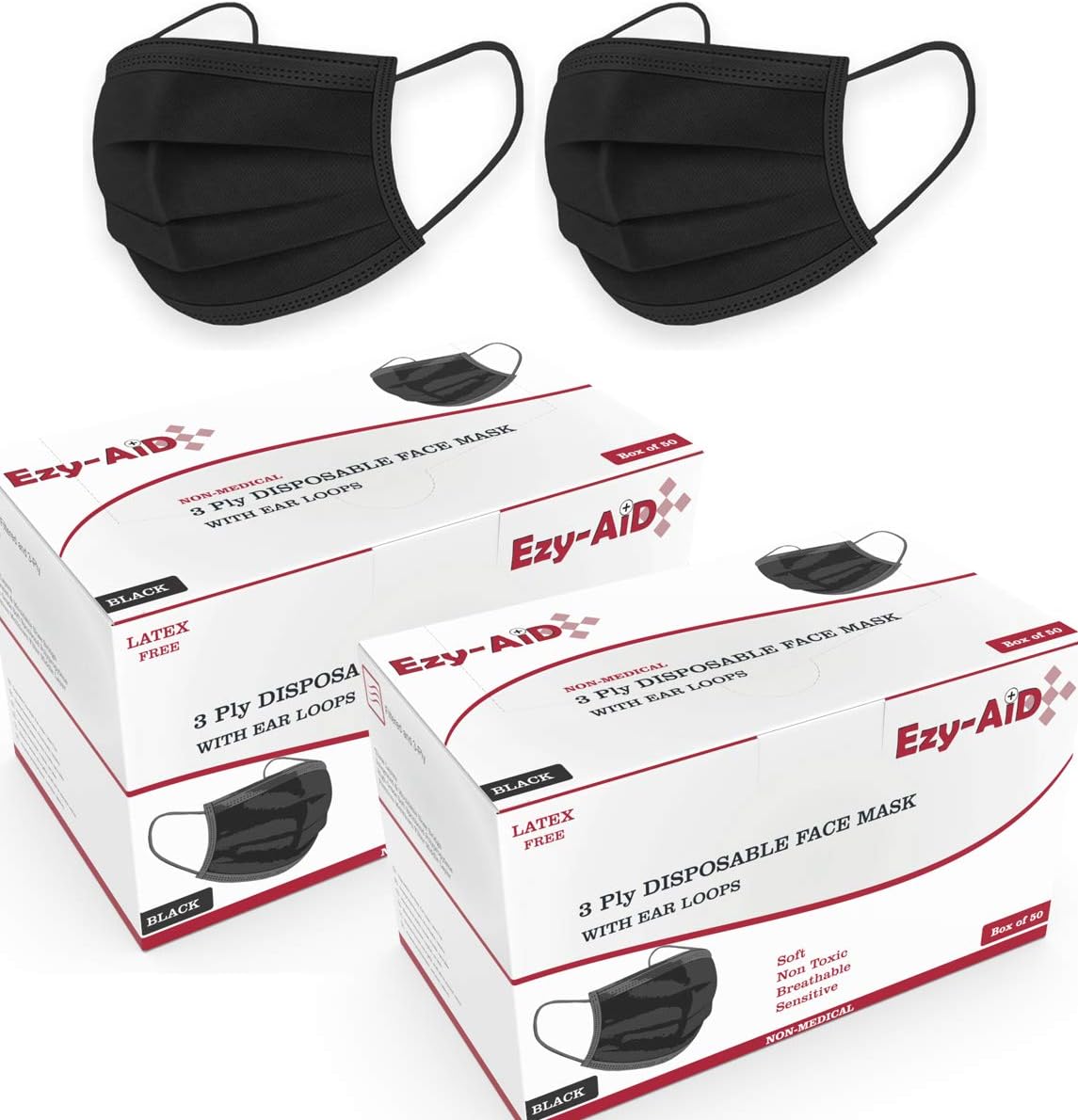 Ezy-Aid 50x - 200x BLACK Disposable 3ply Face Mask with Nose Bridge | Breathable and Soft Protective Face Covering, Mouth Cover | With Ear loops