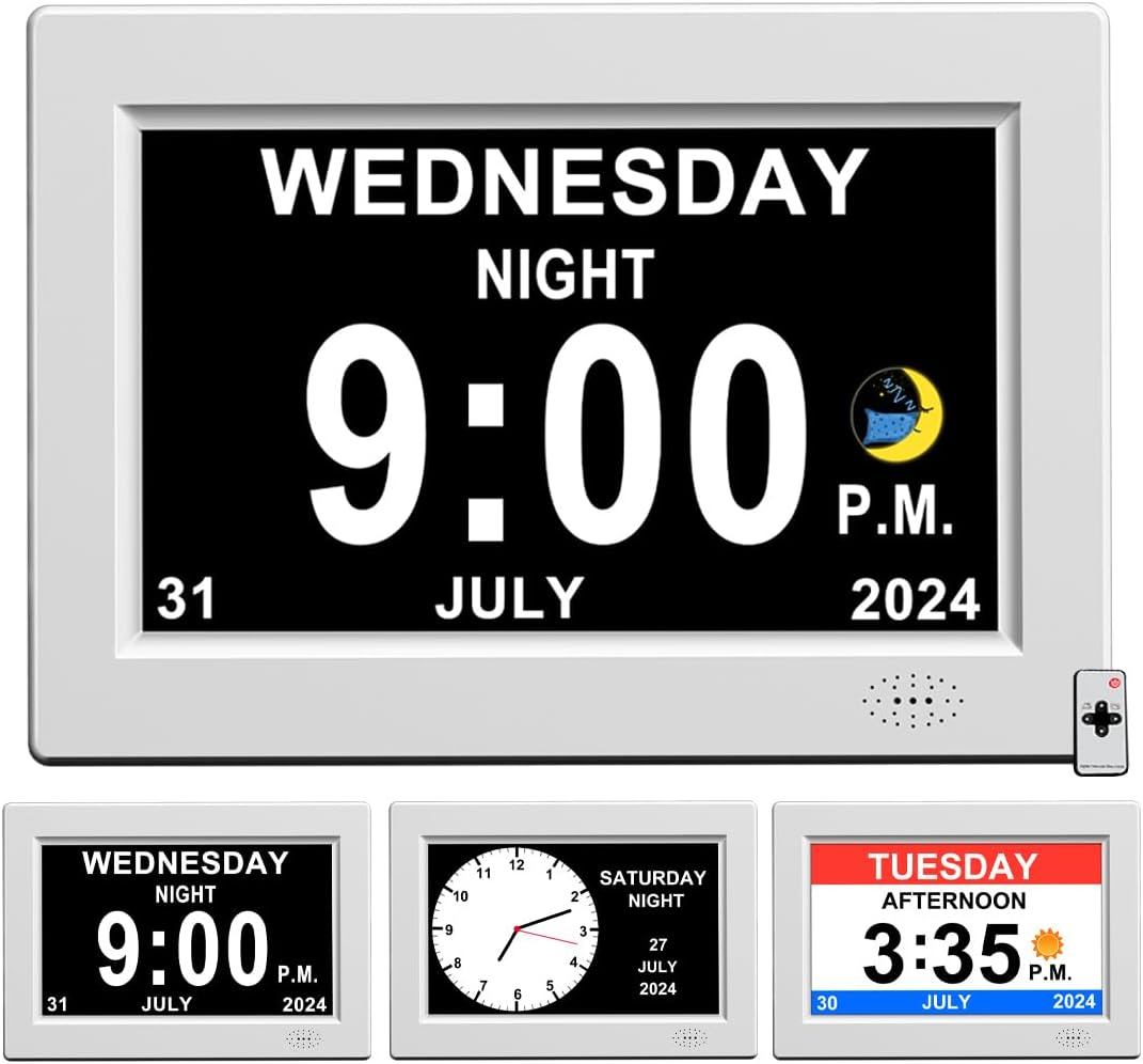 CAZOKASI Extra Large Impaired Vision Digital Alarm Clock with Day and Time for Elderly Calendar Clock Auto Dimmable Clock (8inch White)