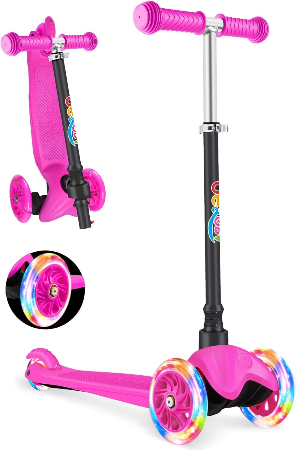 BELEEV 3-Wheel Scooter for Kids Age 2-6, Scooter for Toddlers Girls Boys Children, Adjustable Height, Lean to Steer, Light Up Wheels, Extra-Wide Deck
