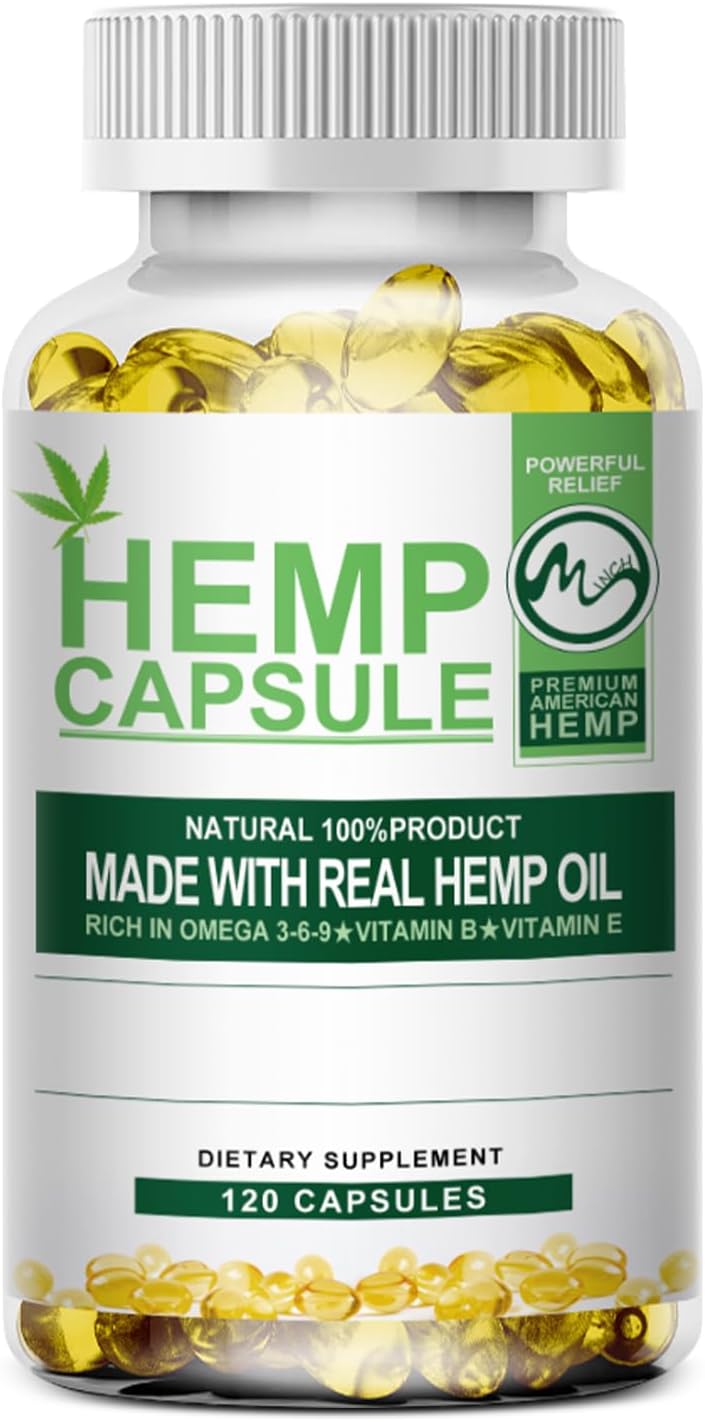 Hemp Oil Capsules - Maximum Strength, Immune Support, Focus Calm, Relaxation, Mood, Rich in Omega 3, 6, 9 Fatty Acids, Vegan, Non-GMO - 120 Capsules