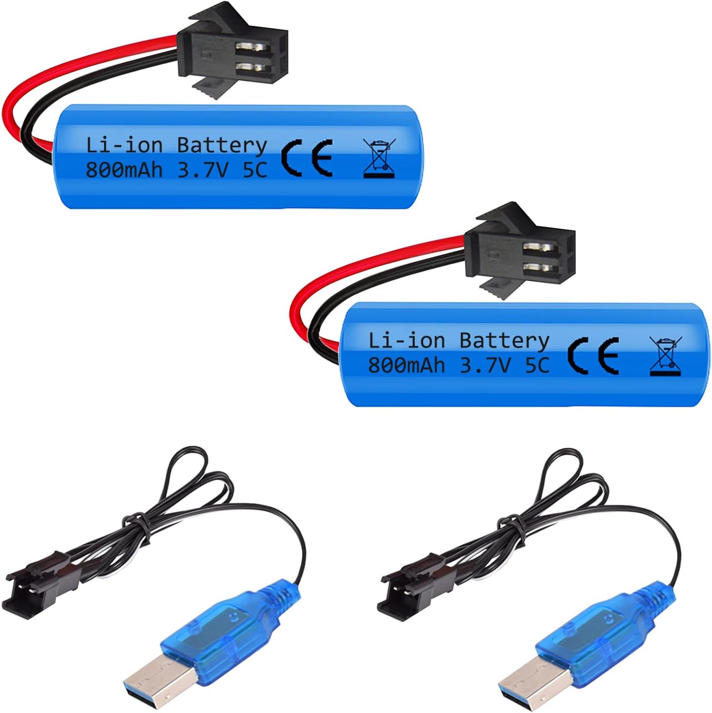 3.7V 800mah Li-ion Battery 2Pack with USB Chargers SM-2P Plug RC Rechargeable Battery Compatible with Remote Control Cars E35 DE38 DE40 DE50 DE55 TB202 TM141 Toy Cars 2Pack