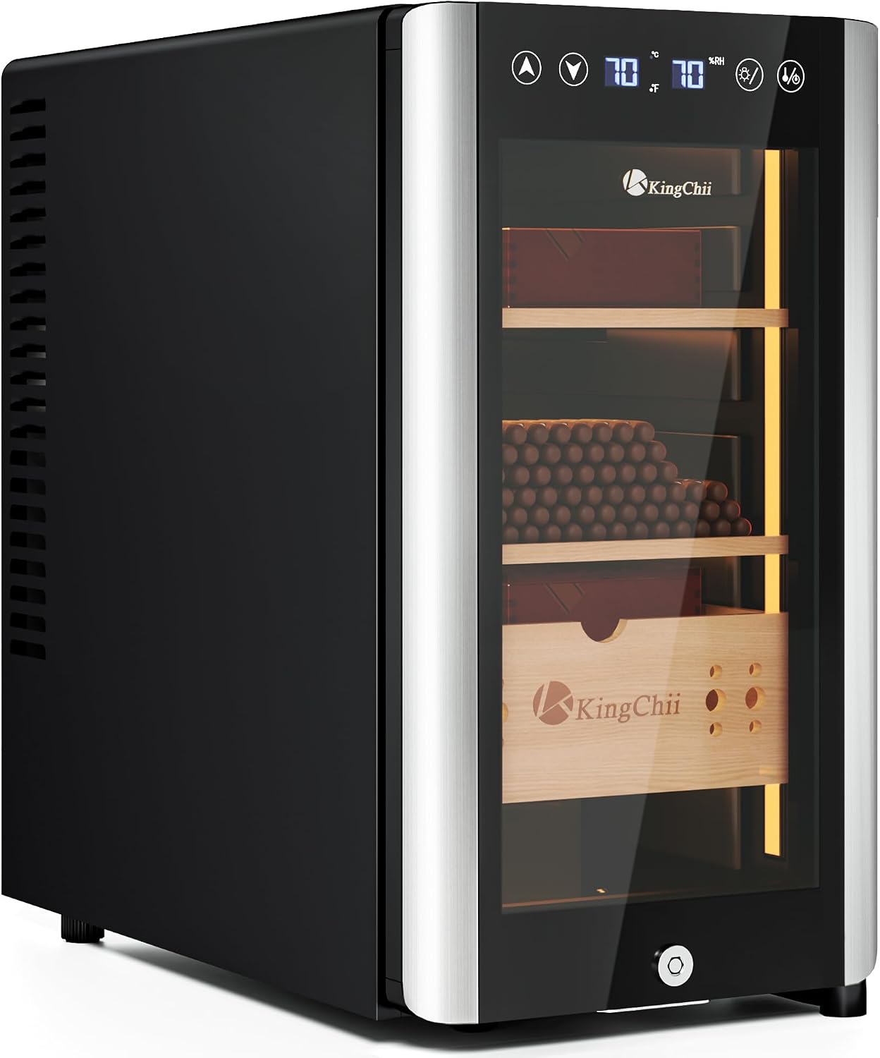 KingChii 25L Electric Cigar Humidors Temperature & Humidity Control Cabinet, Built-in Humidification System with Spanish Cedar Wood Shelves & Drawer Hygrometer for Men Gifts 200 Capacity