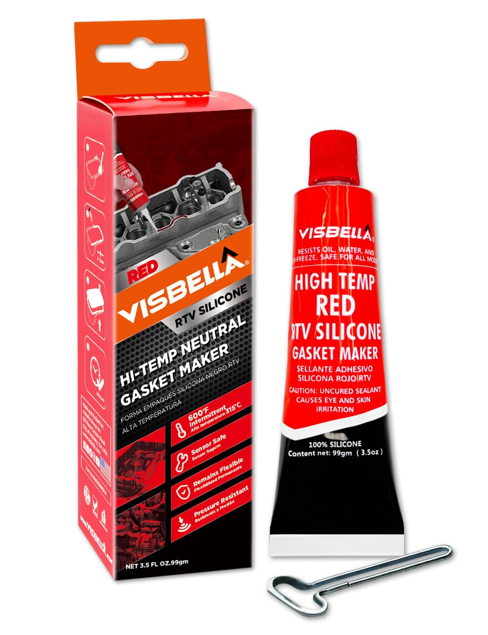 Visbella Gasket Maker Oil Resistant Sensor Safe Neutral RTV Silicone Sealant Non-Corrosive High Flexibility Ideal for Domestic & Older Vehicles 99g (RED)