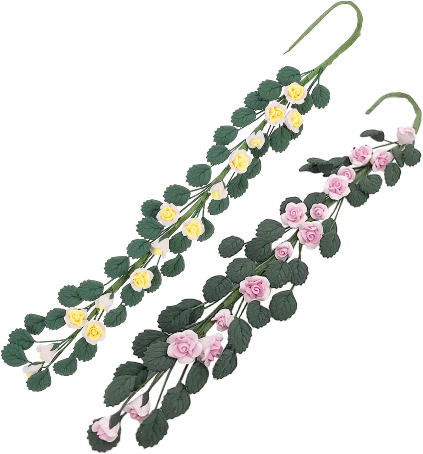 iplusmile 2pcs Miniature Artificial Rose Garland Simulation Flower Decor for Dollhouse and Sand Table Resin Craft with Delicate Details Mini House Plants Decoration in Yellow and Pink