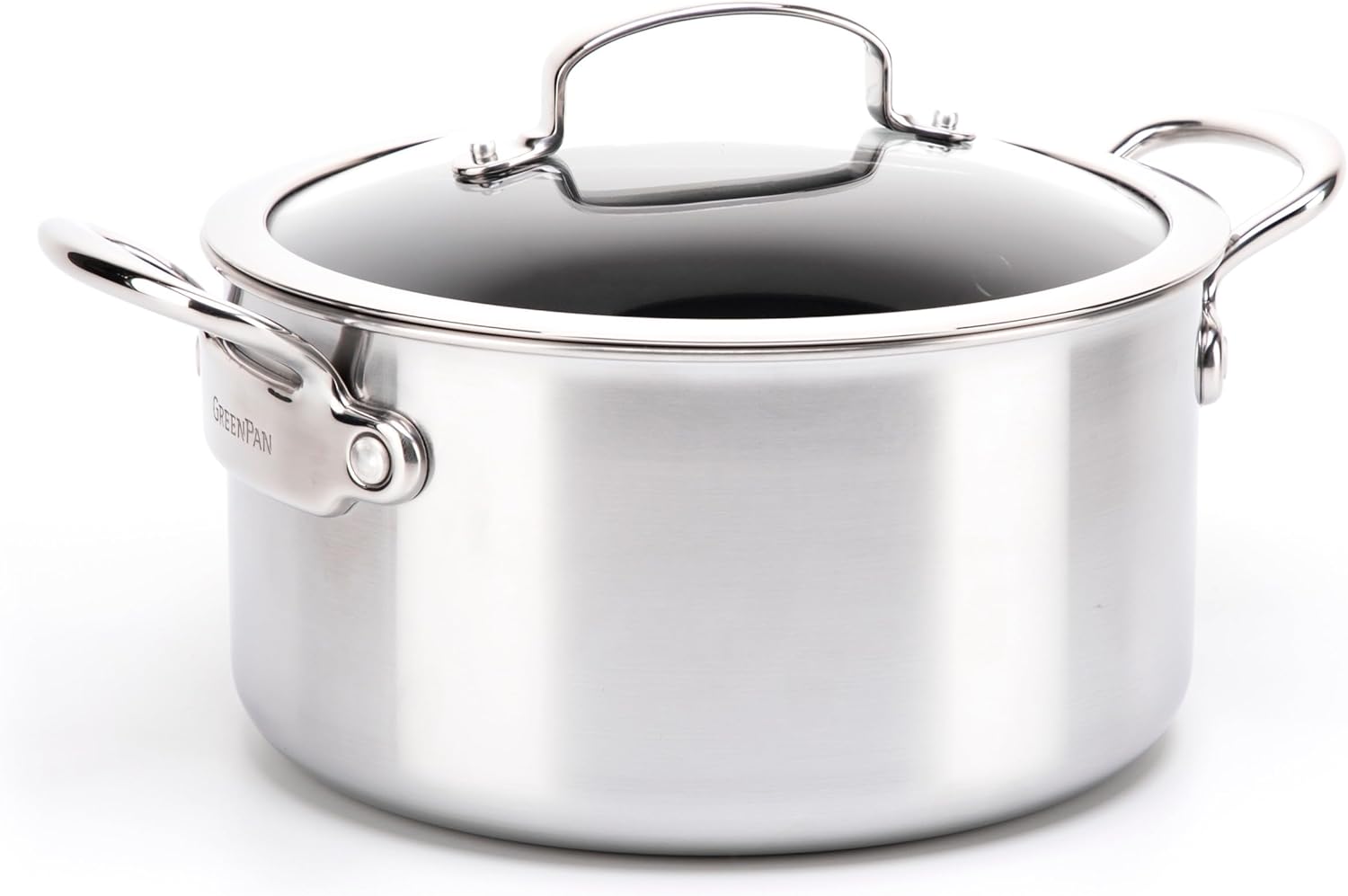 Greenpan Barcelona Evershine Tri-Ply Stainless Steel Healthy Diamond Reinforced Ceramic Non-Stick 18 cm/2.1 Litre Casserole with Glass Lid, PFAS-Free, Multi Clad, Induction, Oven Safe, Silver