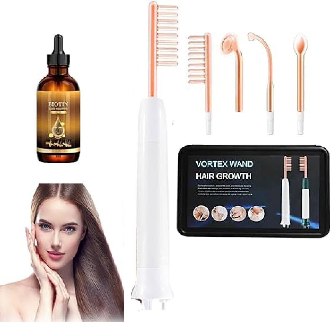 Vortex Hair Growth Wand, Vortex Comb Bundle, High Frequency Wand For Hair Growth, Vortex Hair Comb Hair Rejuvenator Brush with Hair Revival Serum, Vortex Wand with 4 Different Glass Tubes (White)