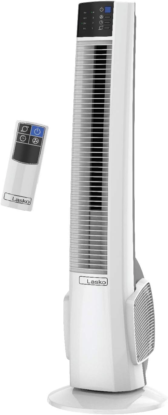 Lasko Oscillating Tower Fan with Remote Control - Tower Fan for Bedroom & Office, 4 Quiet Speeds, 38" White, T38400