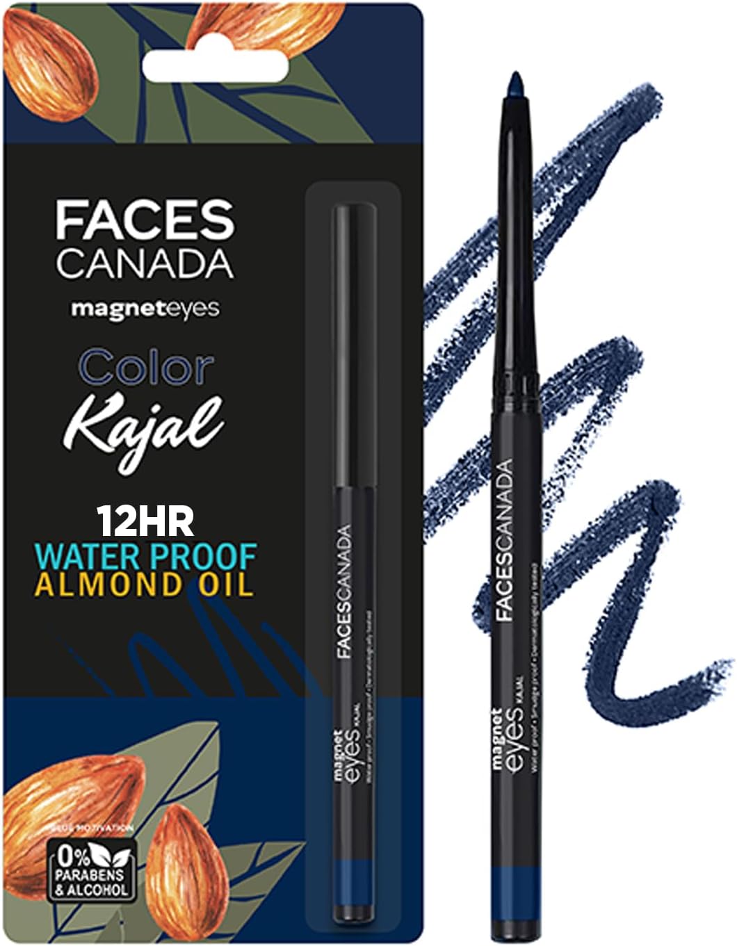 FACESCANADA Magneteyes Color Kajal - Blue Motivation 01, 0.30g Highly Pigmented Kohl, 12Hr Long Stay, Matte Finish, Single Stroke Glide, Waterproof & Smudgeproof, Almond Oil Enriched