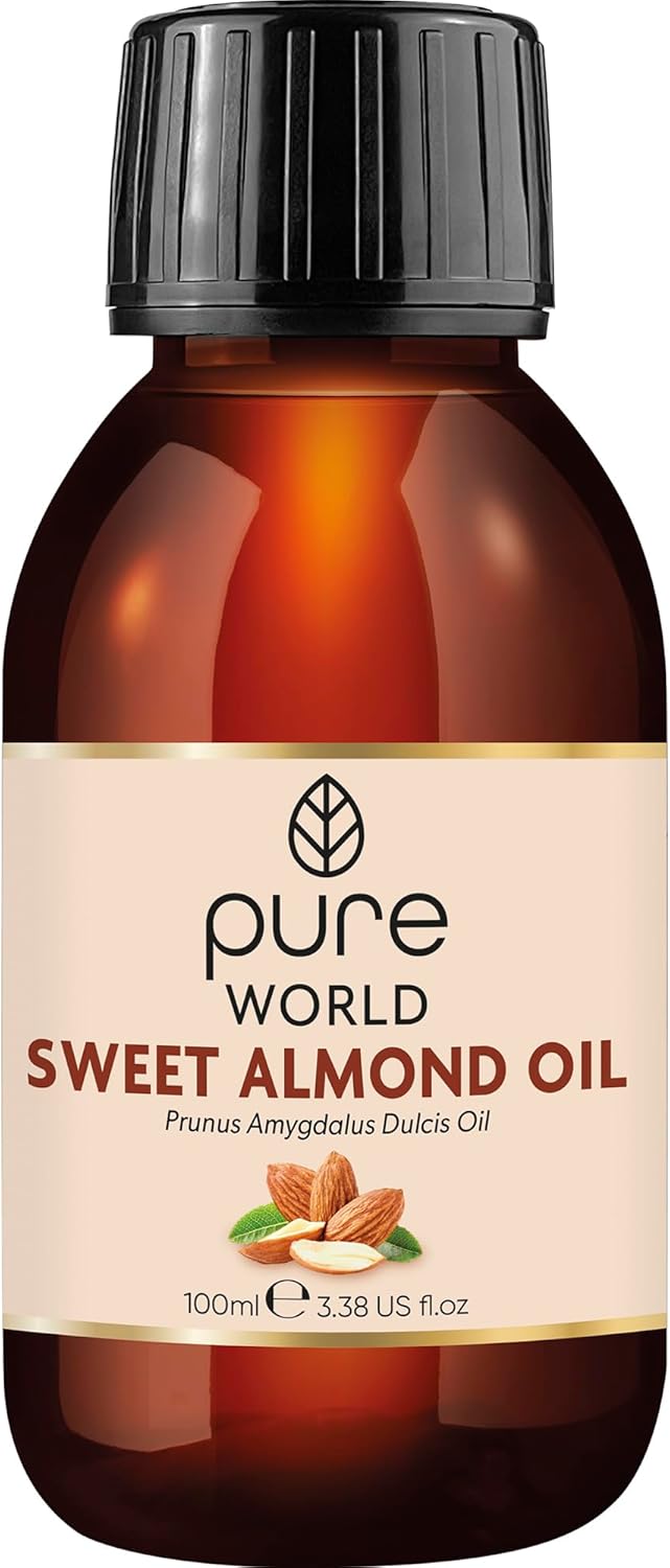 Pure World Natural Sweet Almond Oil 100ML 100% Pure and Naturral, Undiluted. Premium Quality Almond oil – Message, Skin, Nails, Body and Face, Edible Vegan.