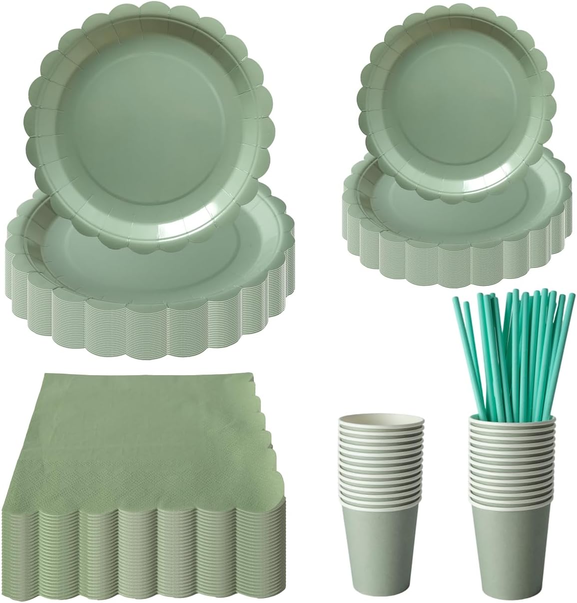 Sage Green Paper Plates Napkins Cups Set, 125PCS Sage Green Party Tableware Set, Baby Shower Plates Cups and Napkins, Sage Green Party Supplies for Table Decoration