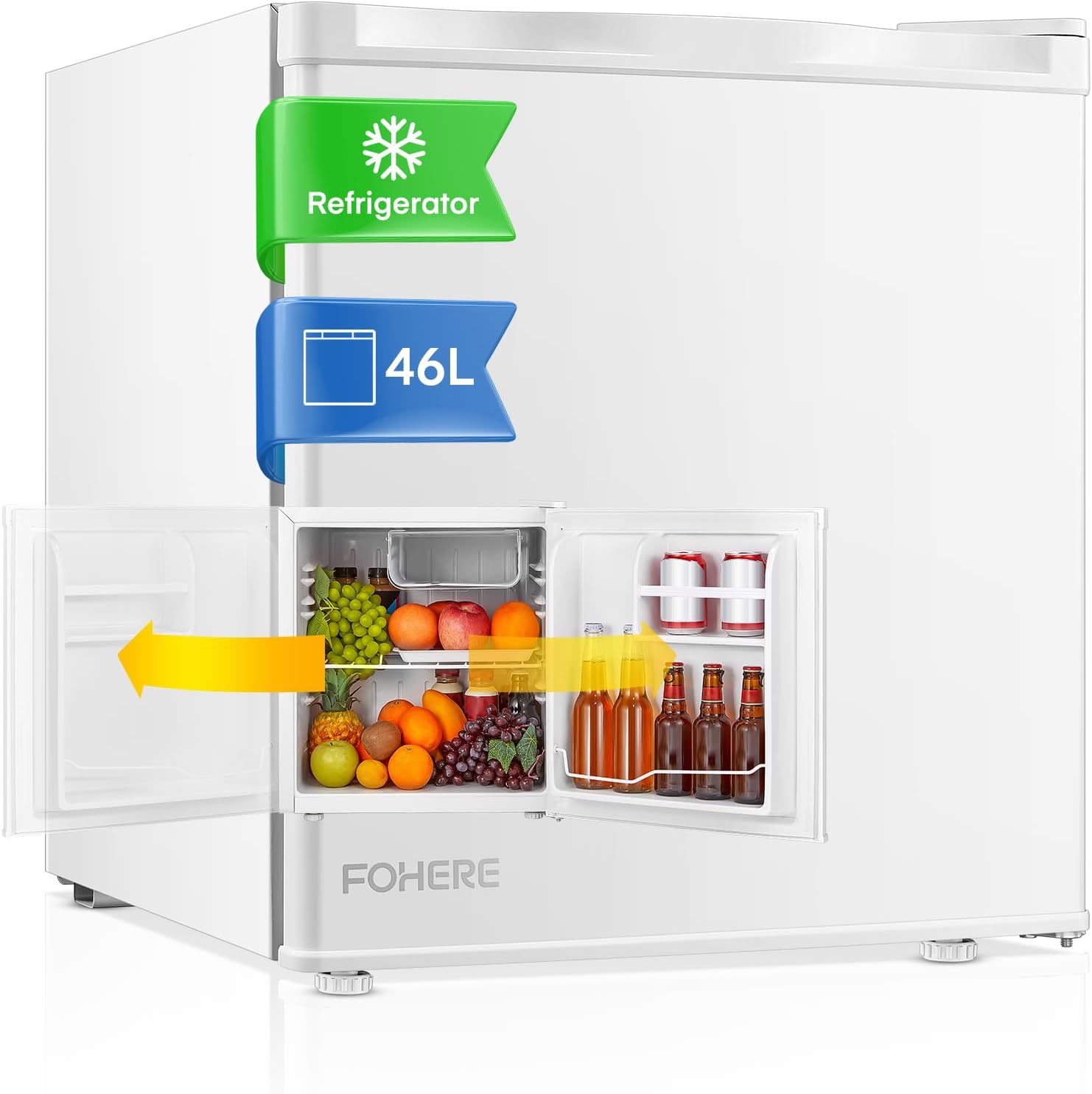 FOHERE Mini Fridge with Ice Box, 46L Table Top Larder, Reversible Door, 7 Adjustable Temperature Levels, E rated, 42 dB Low Noise, Adjustable Feet, Energy Efficient, White