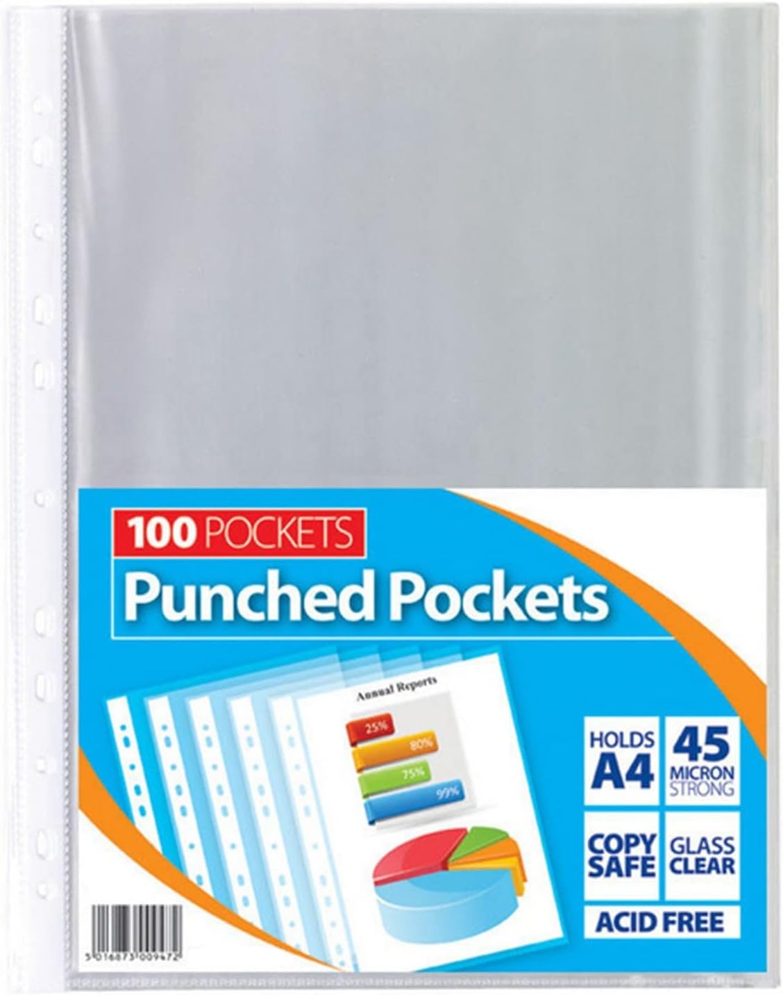 100 Pcs A4 Plastic Punched Pockets, 45 Micron Quality Sleeves for Filing, Folders, and Wallets, Delivering Superior Durability and a Pristine Crystal Clear Glass Finish