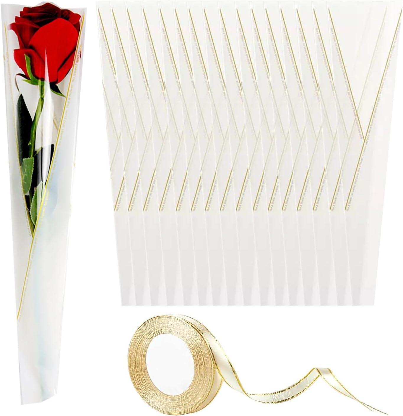 100pcs Single Flower Sleeves with BONUS Ribbons, Rose Wrapping Bags Waterproof Single Flower Packaging Bags for Floral Arrangement Supply Wedding Valentine's Day Mother's Day