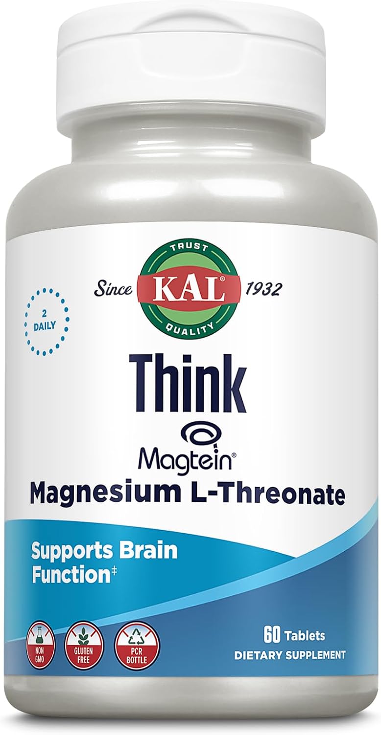 KAL Think Magnesium L-Threonate 2000 mg | Learning, Brain Health & Memory Function Support w/Magtein | Vegan, No Gluten & Non-GMO | 60 Tablets