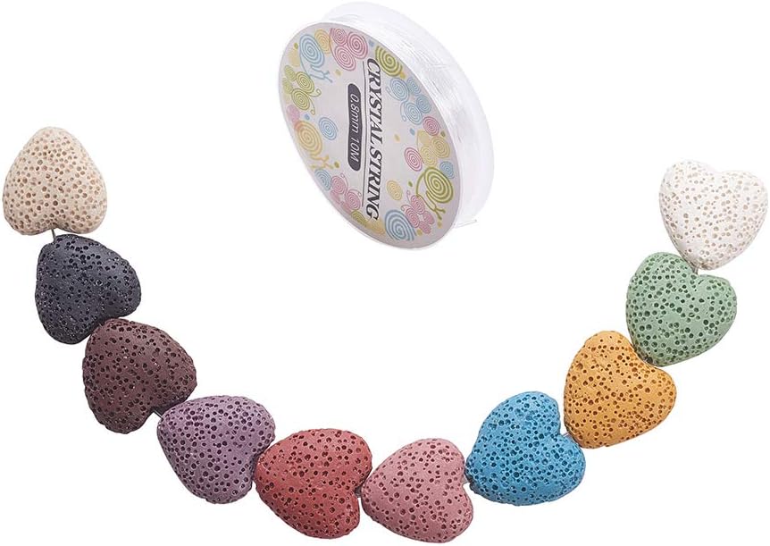 PH PandaHall 30 pcs 10 Colors Heart-Shaped Lava Stone Beads Loose Bead with 11 Yards 0.8mm Crystal Thread for Essential Oils Bracelet Necklace Pendants Jewelry DIY Craft Making