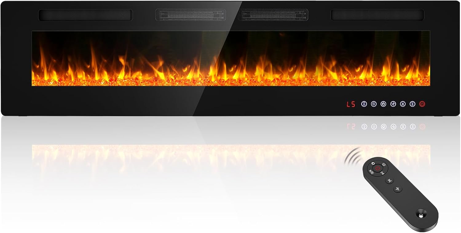 BREEZEHEAT 72" Ultra Thin Electric Fireplace Insert-ETL Certified, Recessed/Wall Mount, 3D Flame with Crystal, Remote & Touch, 750W/1500W (900 Sq.Ft), 8H Timer
