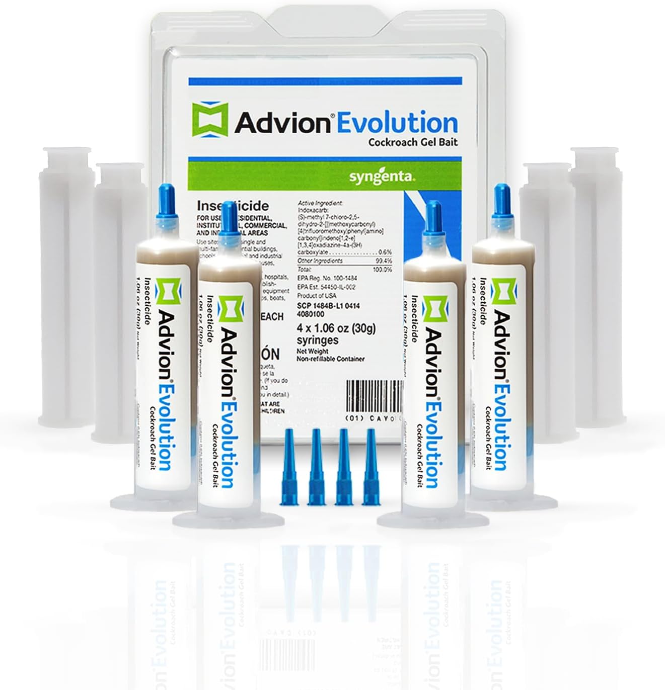 Advion Evolution Cockroach Gel Bait, 4 Tubes x 30-Grams, 1 Plunger and 2 Application Tips, Formulated with Indoxacarb, Enhanced Formulation, Ready-to-Use Roach Killer for Indoor and Outdoor Use