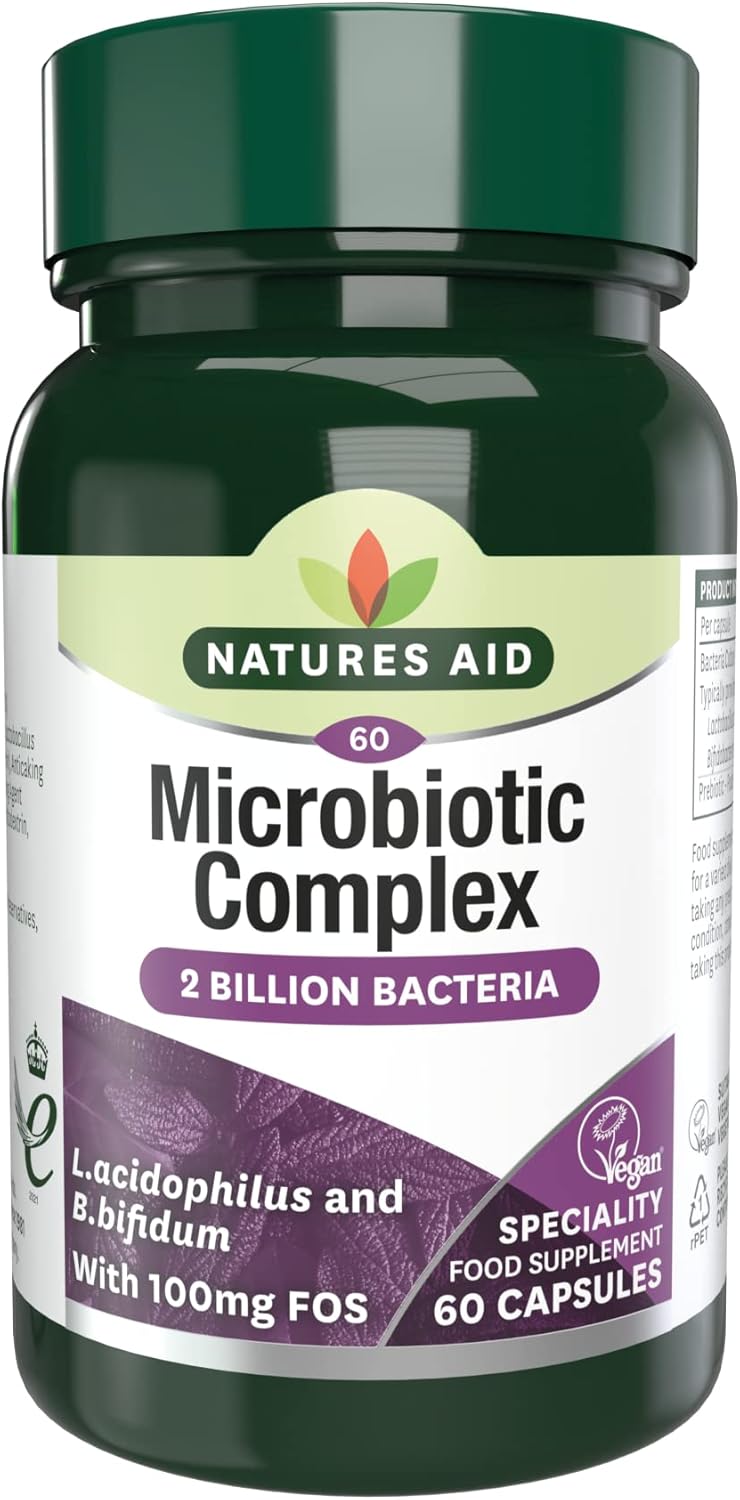Natures Aid Microbiotic Complex – Digestive Friendly Bacteria Supplement Gut Health Support – High Strength Lactobacillus Acidophilus – Vegan, Vegetarian, Non-GMO, Gluten Free - 60 Capsules