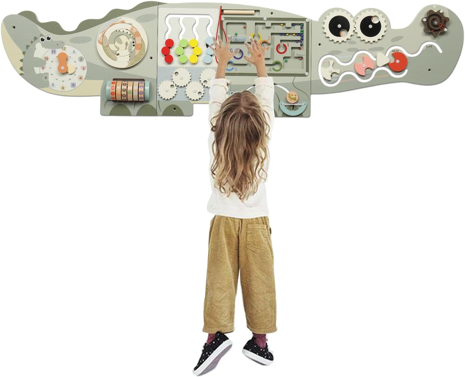 JOYMOR Crocodile Activity Wall Busy Board Panels, Wooden Sensory Wall w/ 11-in-1 Toddler Montessori Learning Activity Center, Ideal Educational Gift for Boys and Girls, Green
