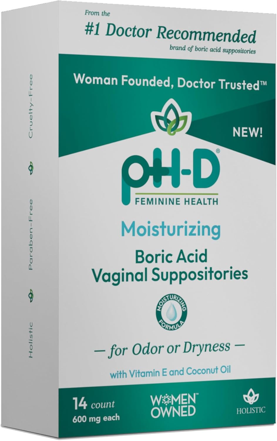 pH-D Feminine Health Support - Boric Acid Moisturizing Suppository - Woman Owned - for Vaginal Odor - Paraben-Free and Cruelty-Free - 14 Count