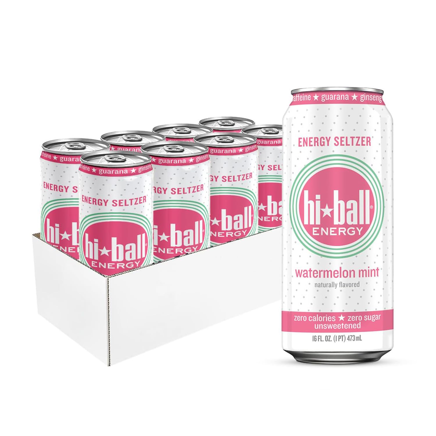 Hiball Clean Energy Drink - Watermelon Mint - Zero Sugar, Zero Calorie Sparkling Water with 160mg Organic Caffeine, 50mg Organic Ginseng, 50mg Organic Guarana and B Vitamins - 16 fl oz (8-Pack)