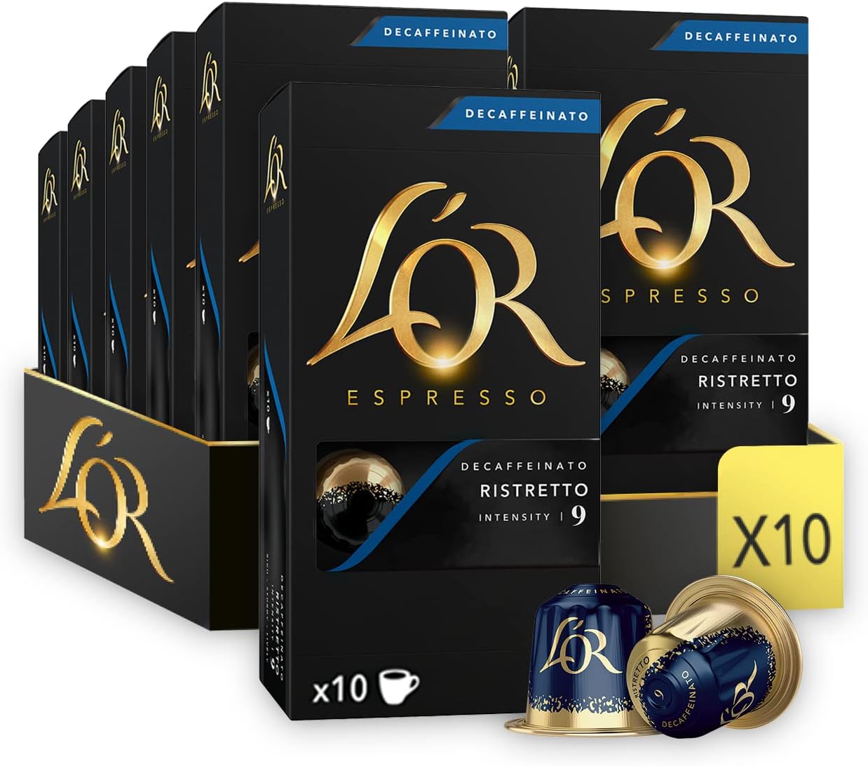 L'OR Espresso Ristretto Decaf Coffee Pods x10 Intensity 9 (Pack of 10, Total 100 Capsules)