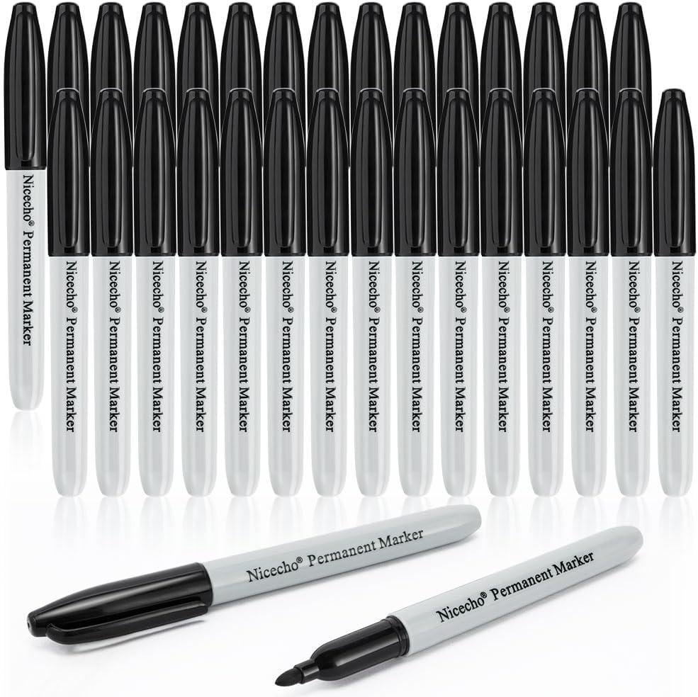 Nicecho Permanent Markers, Black Permanent Marker Pens, 30 Count Fine Point Basic Marker Set