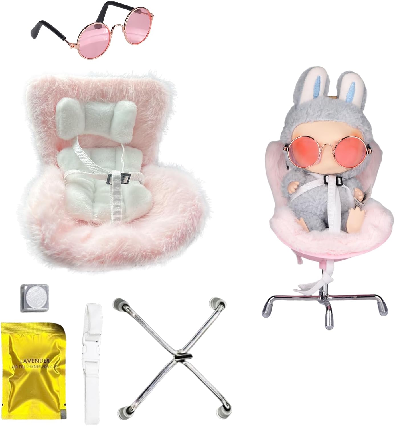 Mrltau Soft Furry Cushion Car Seat Deco For Labubu, Air Vent Clip & Desktop Stand & Glasses, Auto Decor Interior For Labubu Have A Seat, For Labubu Accessories Car Decoration(Pink)