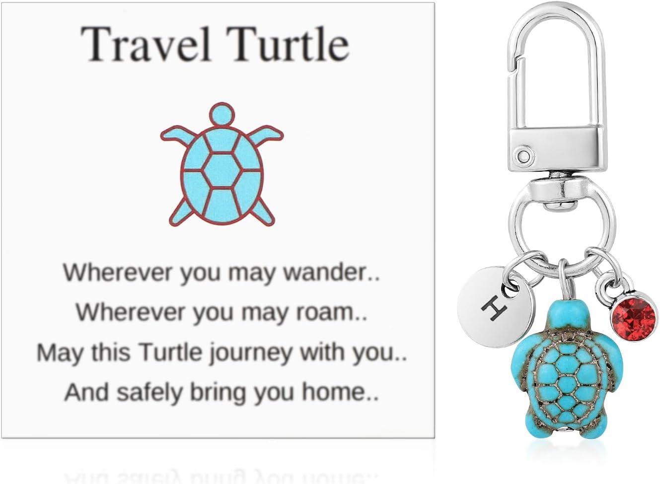 Travel Turtle Keychain, Cute Turtle Keyring with Red Gemstone & Encouragement Card Creative Name Initials Sea Turtle