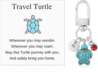 Travel Turtle Keychain, Cute Turtle Keyring with Red Gemstone & Encouragement Card Creative Name Initials Sea Turtle