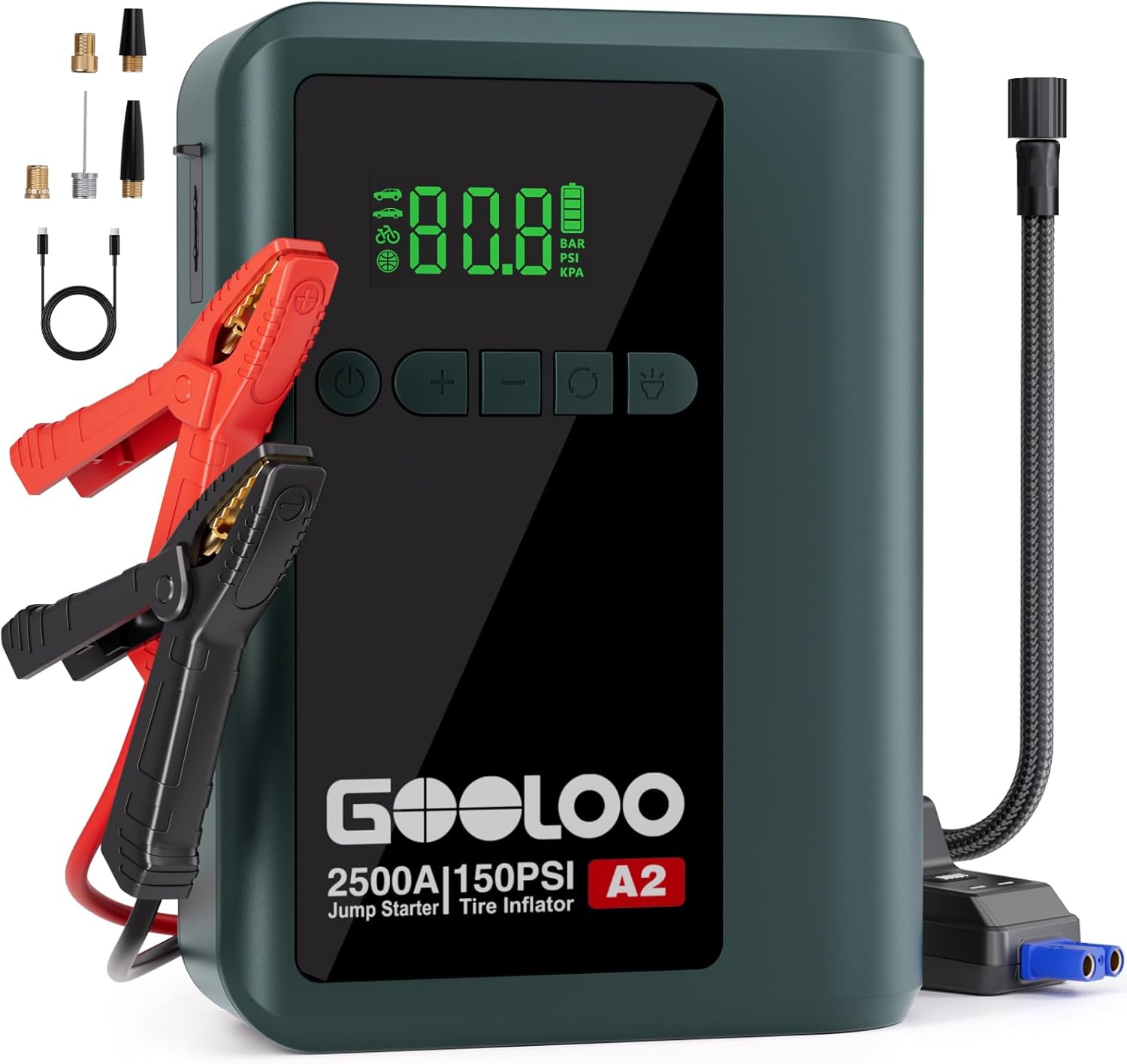 A2 8-in-1 Jump Starter Power Pack with 150PSI Air Compressor, 2500A Car Battery Booster (Up to 8L Gas/6L Diesel), 12V Vehicle Jump Pack with Digital Display, LED Flashlight