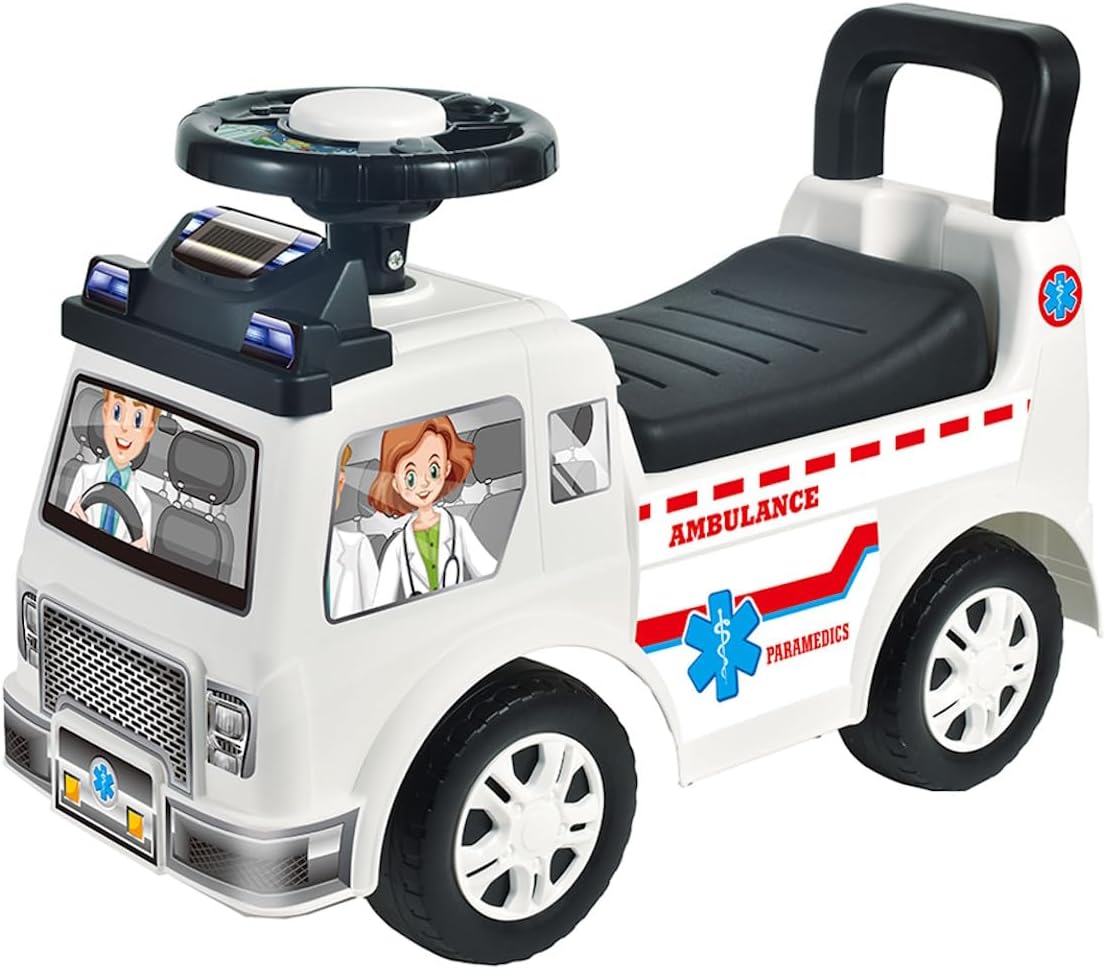 Ride On Ambulance Car for Toddlers – Push Along Foot to Floor Sit and Scoot Paramedic Truck – Indoor Outdoor Kids Ride-On with Steering Wheel Horn & Music – Sturdy Plastic Rescue Vehicle Toy