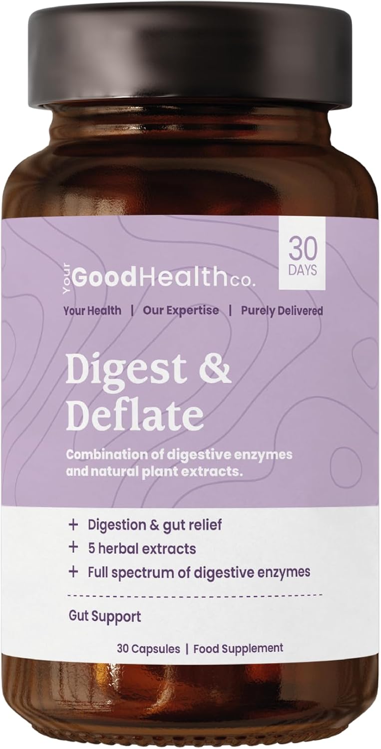 Your Good Health Co – Digest + Deflate | Vegan | 5 Herbal Extracts, Full Spectrum of Digestive Enzymes | Gut Health | Capsule | 30 Day Supply