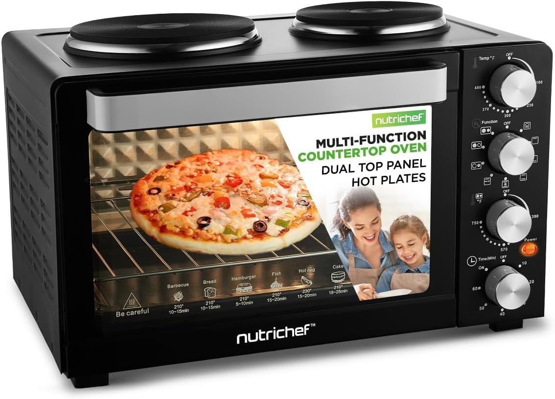 Nutrichef 2-in-1 Convection Oven & Cooker - 30 Quart, 1500W Multi-Function Kitchen Oven with Dual Hot Plates, 7 Cooking Modes Including Rotisserie, Broil, Bake - 19.6 x 16.0 x 13.5 Inches