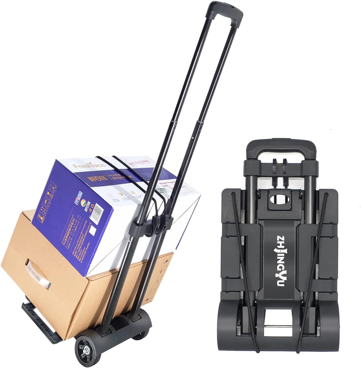 ZHJINGYU 70lbs Folding Hand Truck | Sack Barrow | Steel Foldable Trolley | Adjustable Baseplate & Bungee Cords | 2 Wheel | Folds into Backpack for Lifting Luggage Travel Auto