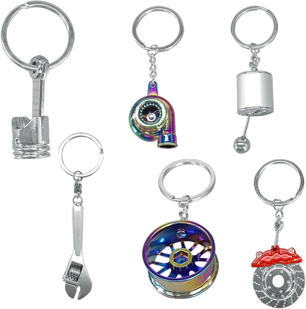 6PCS Car Parts Metal Keychain Set, Rim, Brake Disc, Engine Piston, Wrench, Manual Gear Shifter, Turbo Keyring for Car Lovers