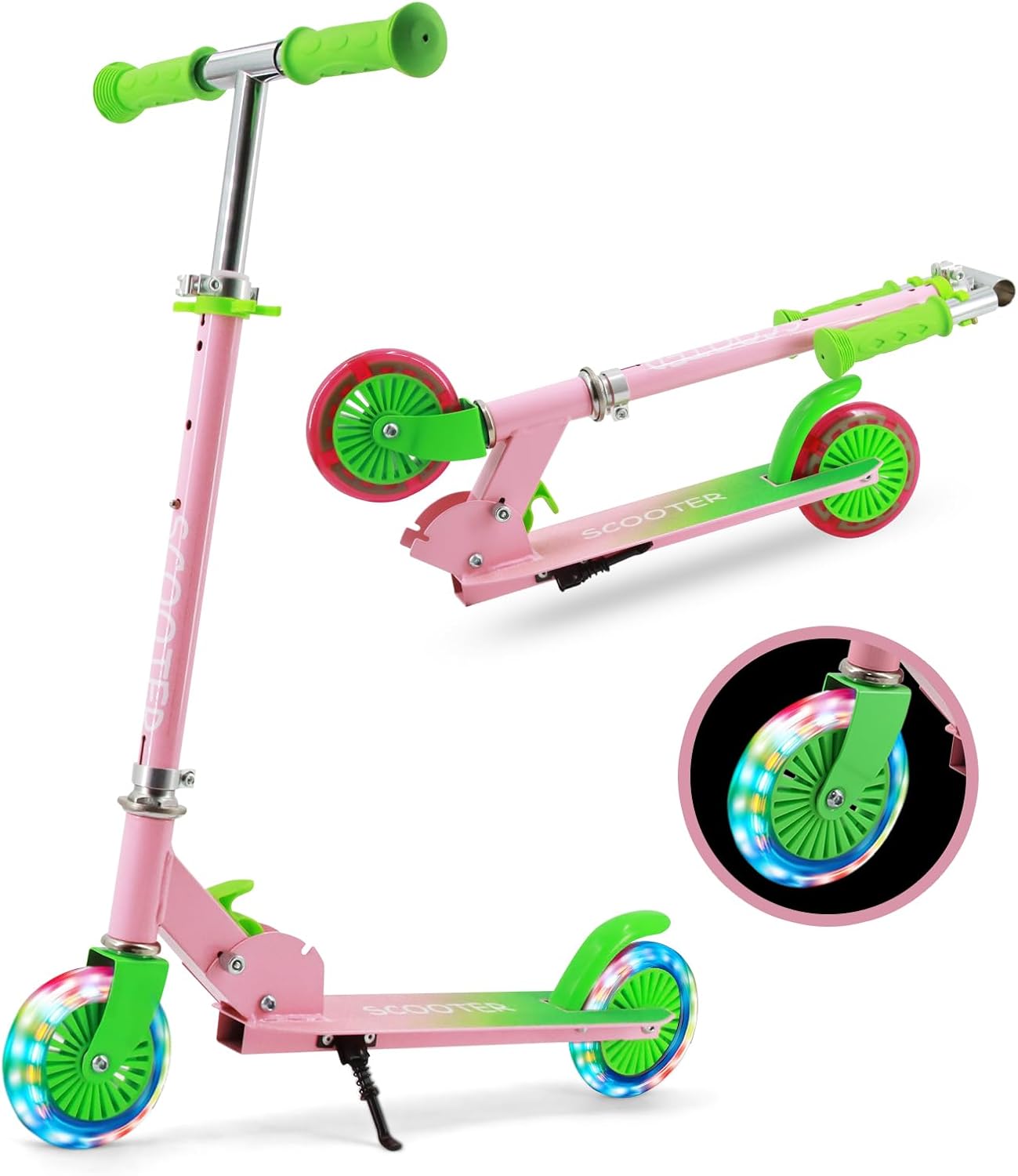 TENBOOM Kick Scooter for Kids 3-8 Light up Wheels 3 Adjustable Height Children Scooter with Kickstand Lightweight Foldable Boys Girls Scooters