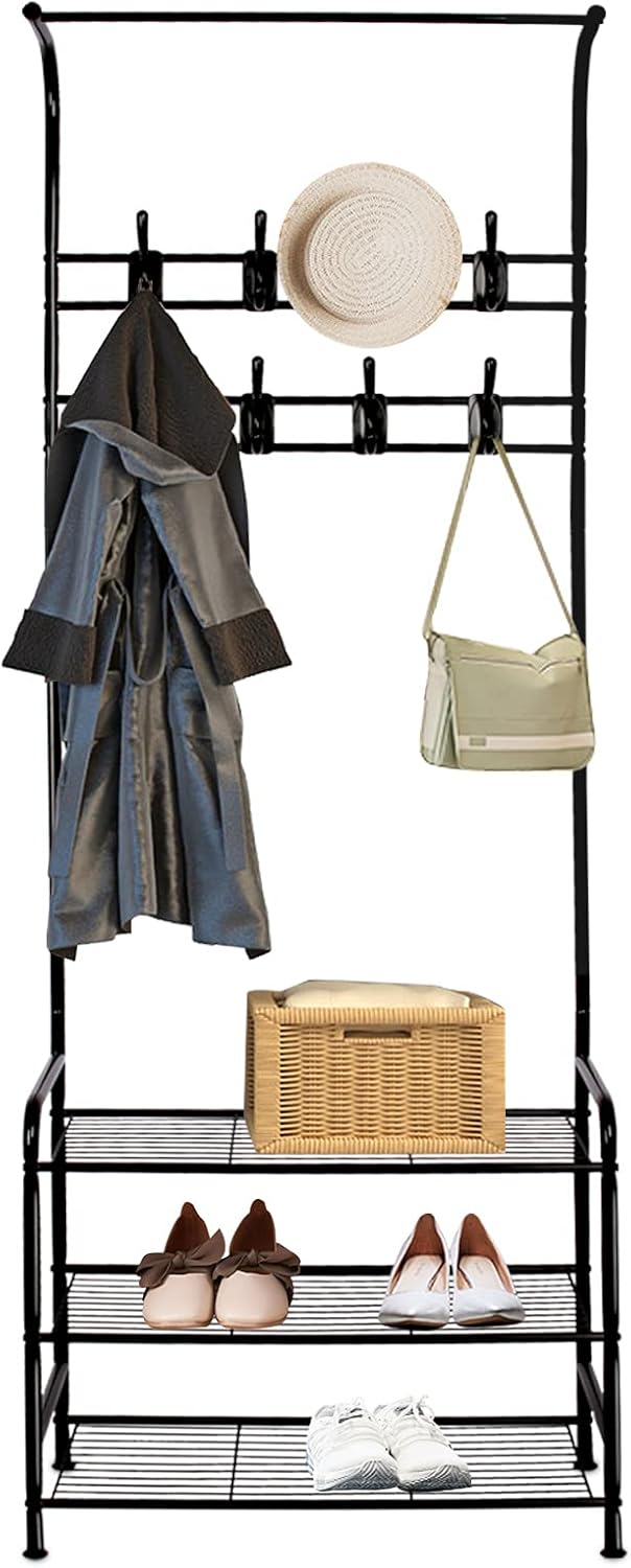 Innotic Coat Rack Stand with Shoe and Removable 16 Hooks Free Standing Hall Tree Matte Steel Frame Hat for Storage, Black