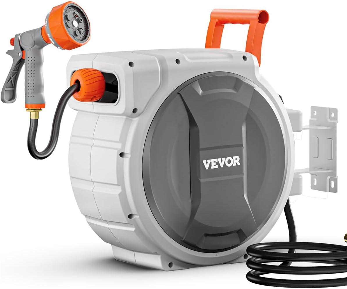 VEVOR Retractable Garden Hose Reel, 5/8 Inch x 100 ft Wall Mounted Hose Reel, Heavy Duty Garden Hose Reel with 9 Patterns Nozzle, Any Length Lock, Upgraded Slow Return System and 180°Swivel Bracket