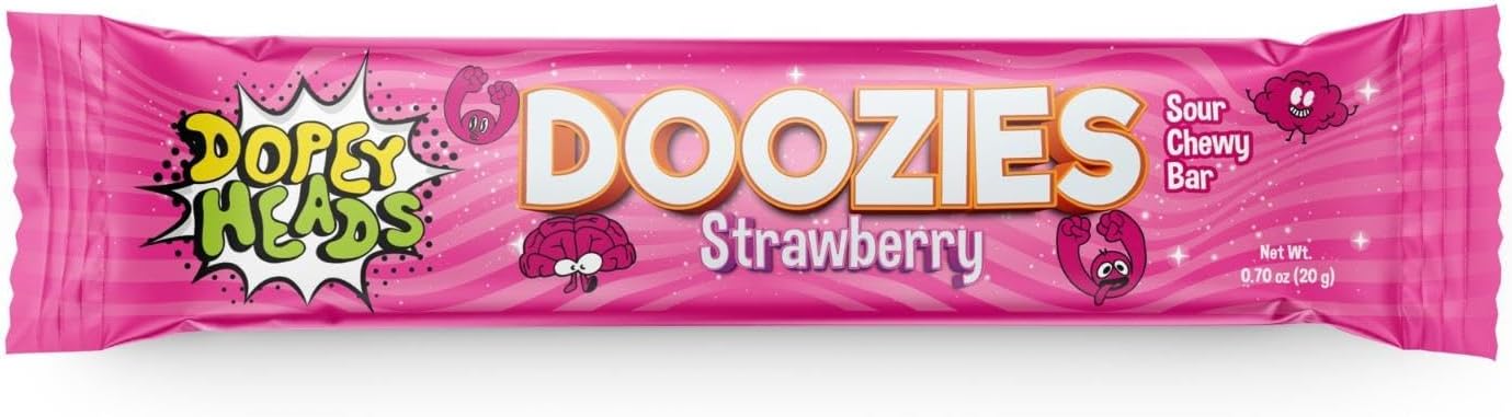 Dopey Heads | Doozies | Sour Chewy and Stretchy Bar | Strawberry | Sour Doozies | HALAL | Vegetarian | Strawberry Bar | Chewy and Stretchy | 20g (0.71oz) Each | Pack of 24 | Weight 480g