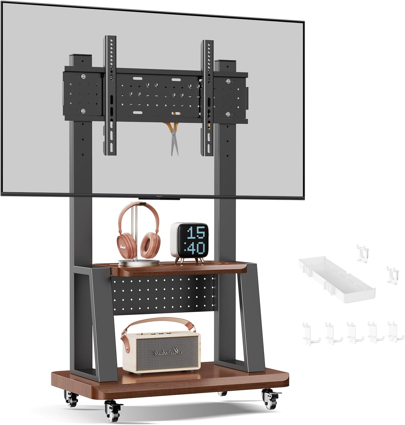 Mobile TV Cart Rolling TV Stand with Pegboard Storage for 32-75 Inch Screens up to 180 lbs, Height Adjustable Heavy-Duty Portable Floor TV Stand on Lockable Wheels with Shelf Max VESA 600x400mm